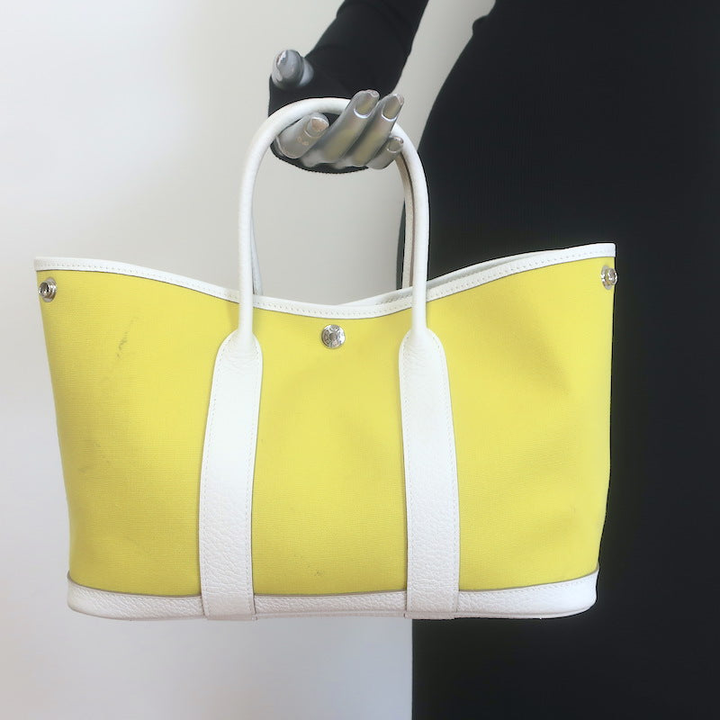 Hermes Garden Party 30 Tote Bag Yellow Toile &amp; White Negonda Leather