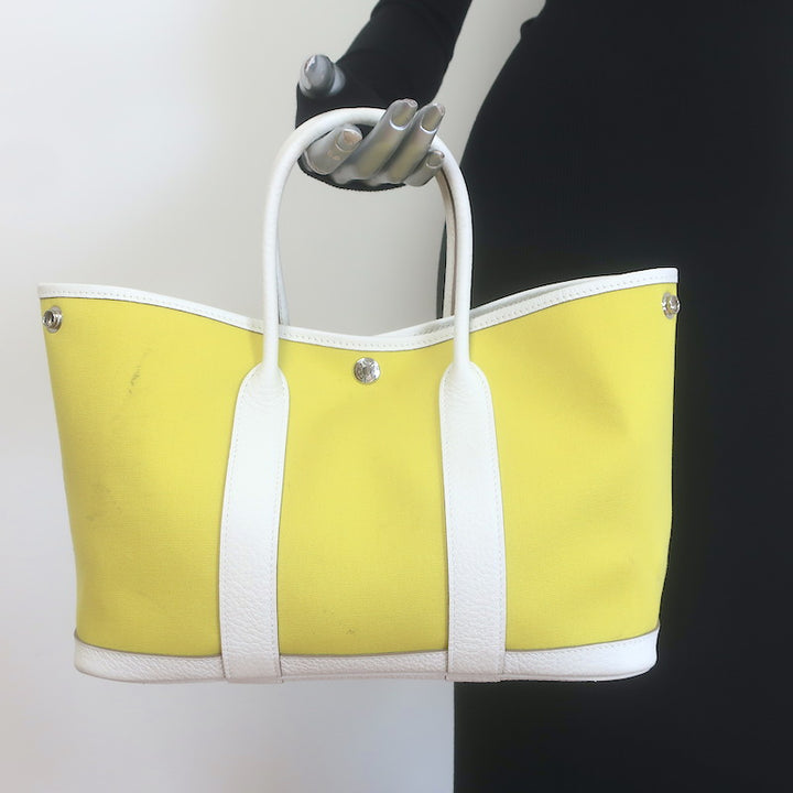 Hermes Garden Party 30 Tote Bag Yellow Toile &amp; White Negonda Leather