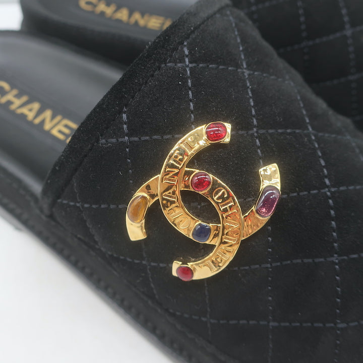 Chanel 2022 Jeweled CC Quilted Flat Mules Black Suede Size 38