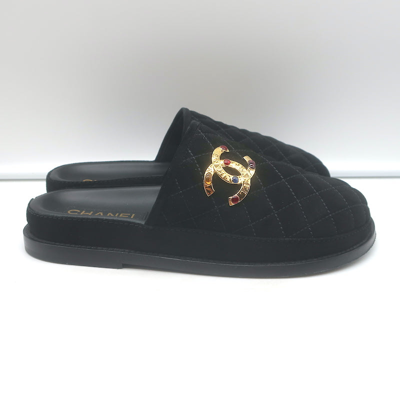 Chanel 2022 Jeweled CC Quilted Flat Mules Black Suede Size 38