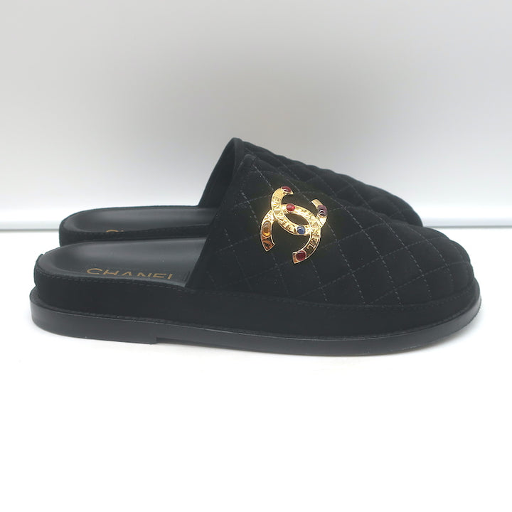Chanel 2022 Jeweled CC Quilted Flat Mules Black Suede Size 38
