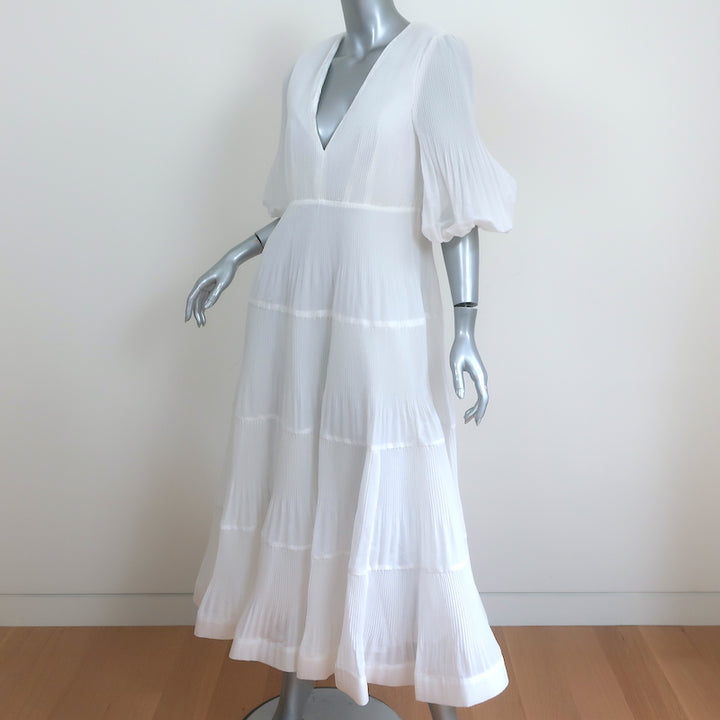 Zimmermann Pleated Midi Dress White Size 3 Puff Sleeve V-Neck NEW