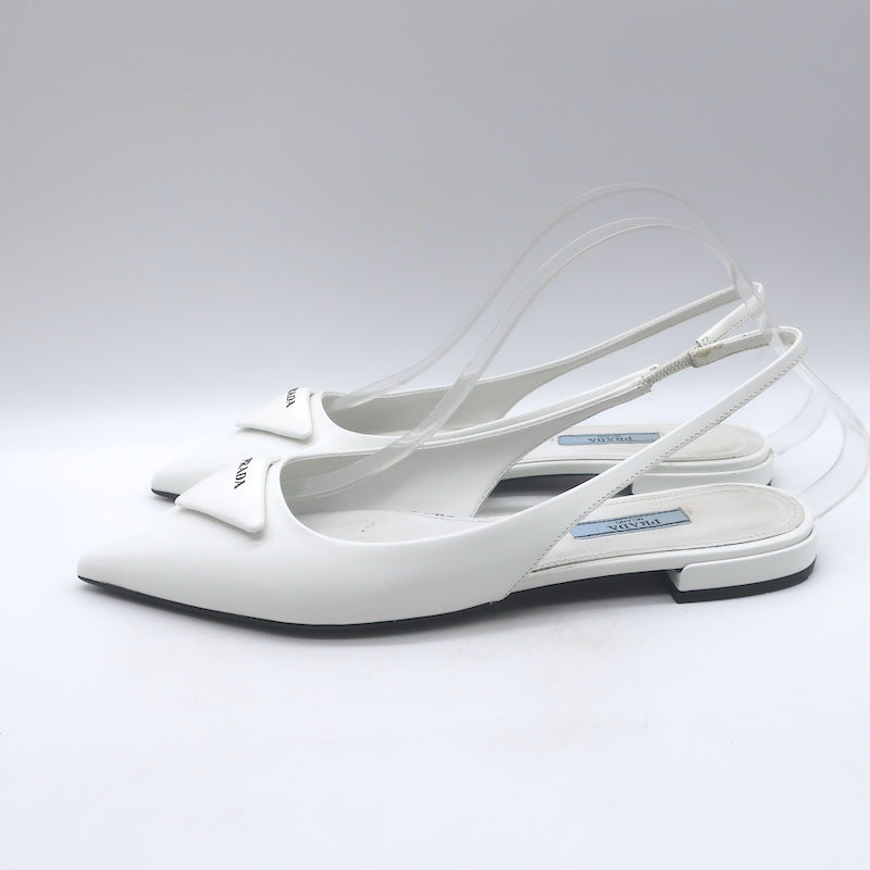 Prada Logo Pointed Toe Slingback Ballet Flats White Brushed Leather Size 38