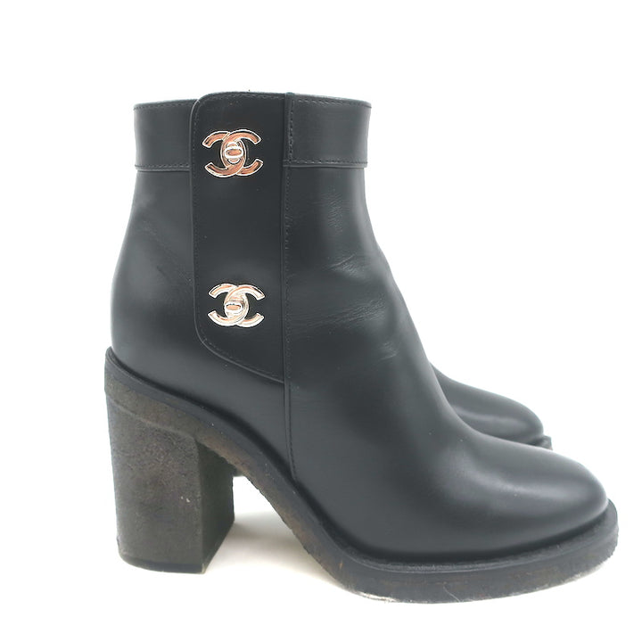 Chanel 18K CC Turn Lock Ankle Boots Black Leather Size 35.5