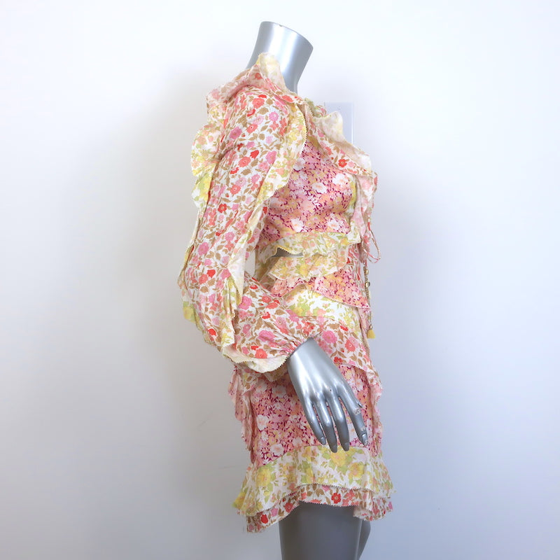 Zimmermann Goldie Cutout Mini Dress Ruffled Floral Print Linen Size 0
