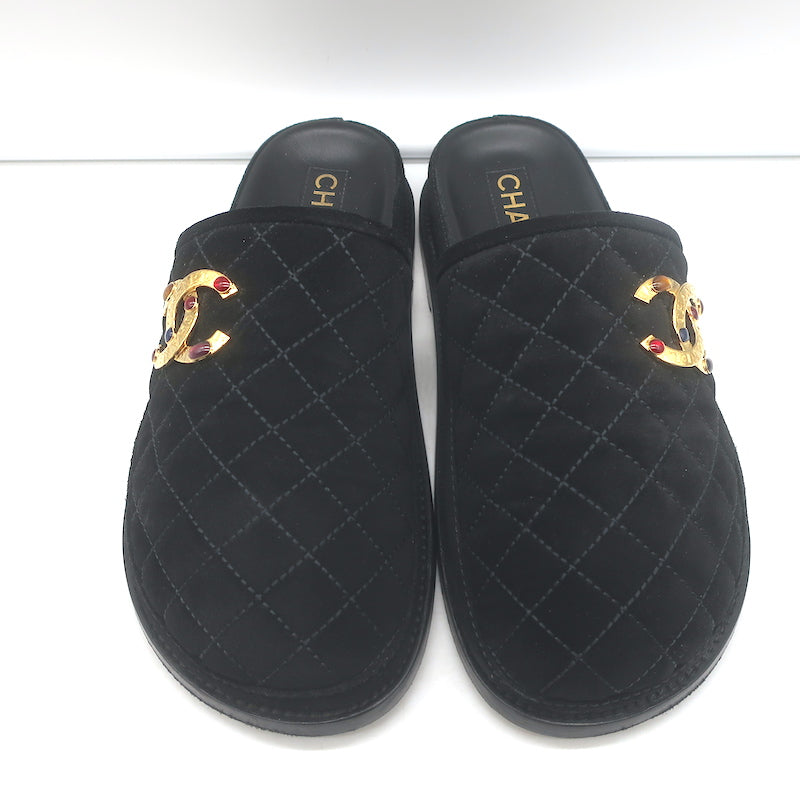 Chanel 2022 Jeweled CC Quilted Flat Mules Black Suede Size 38