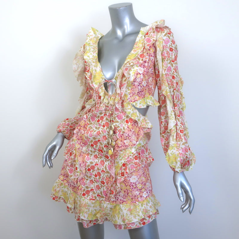Zimmermann Goldie Cutout Mini Dress Ruffled Floral Print Linen Size 0