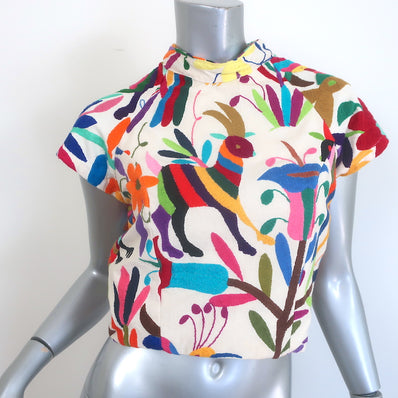 Draco Embroidered Open-Back Cropped Top Cream/Multicolor Size Medium