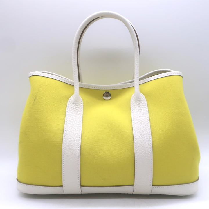 Hermes Garden Party 30 Tote Bag Yellow Toile &amp; White Negonda Leather