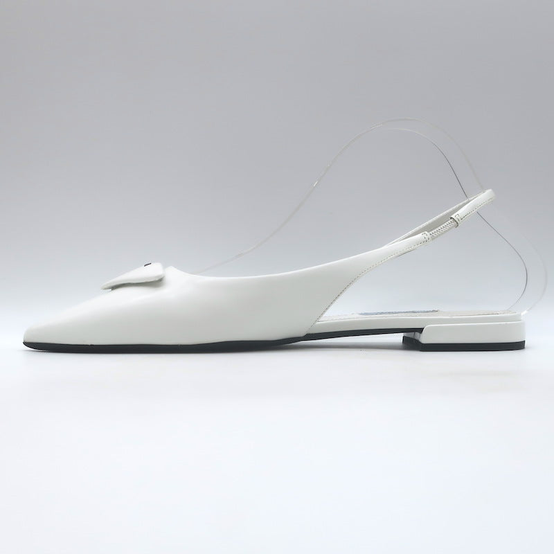 Prada Logo Pointed Toe Slingback Ballet Flats White Brushed Leather Size 38