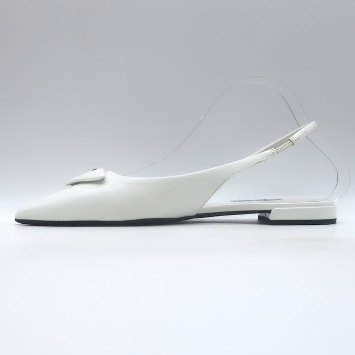 Prada Logo Pointed Toe Slingback Ballet Flats White Brushed Leather Size 38