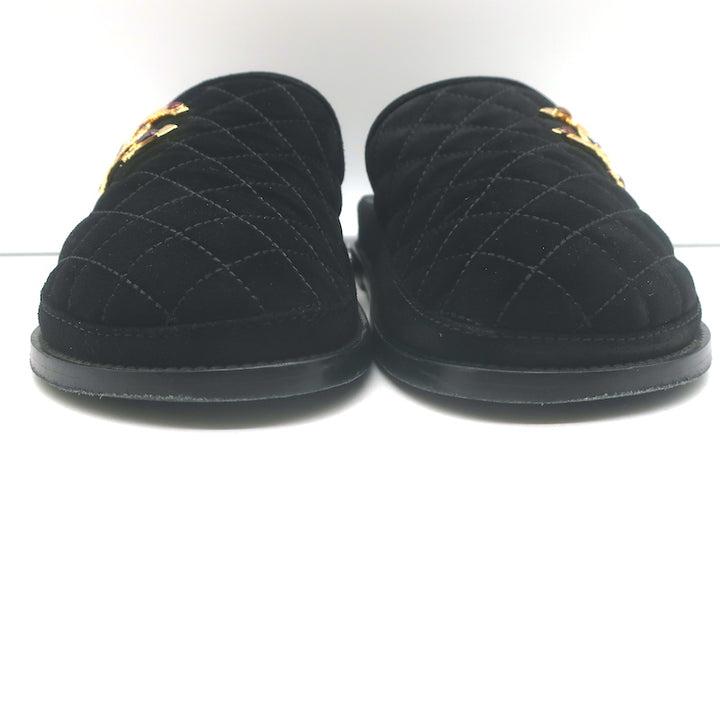 Chanel 2022 Jeweled CC Quilted Flat Mules Black Suede Size 38