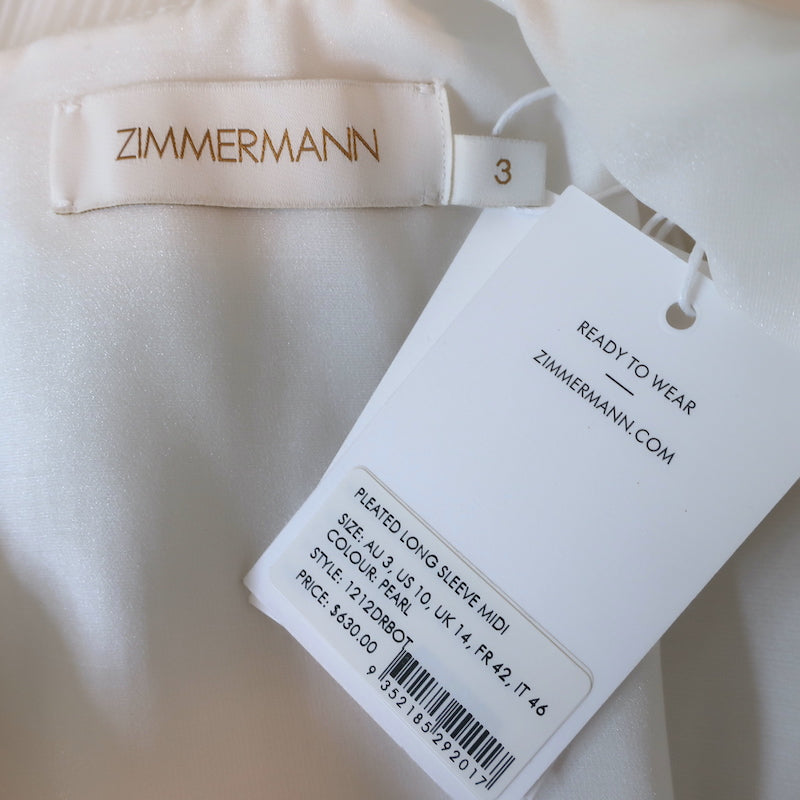 Zimmermann Pleated Midi Dress White Size 3 Puff Sleeve V-Neck NEW