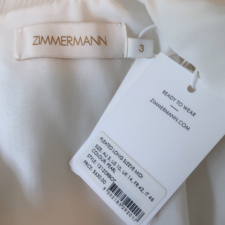 Zimmermann Pleated Midi Dress White Size 3 Puff Sleeve V-Neck NEW