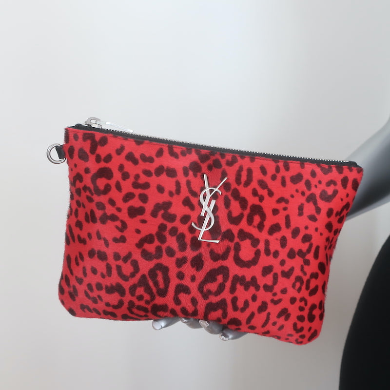 Saint Laurent Leopard Print Pony Hair Small Wristlet Clutch Red/Black