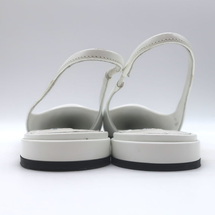 Prada Logo Pointed Toe Slingback Ballet Flats White Brushed Leather Size 38