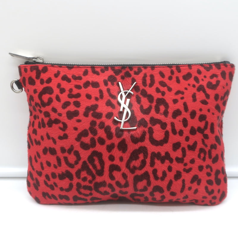 Saint Laurent Leopard Print Pony Hair Small Wristlet Clutch Red/Black