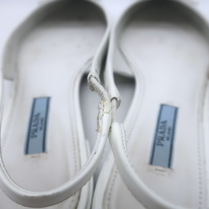 Prada Logo Pointed Toe Slingback Ballet Flats White Brushed Leather Size 38