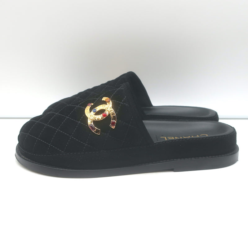 Chanel 2022 Jeweled CC Quilted Flat Mules Black Suede Size 38