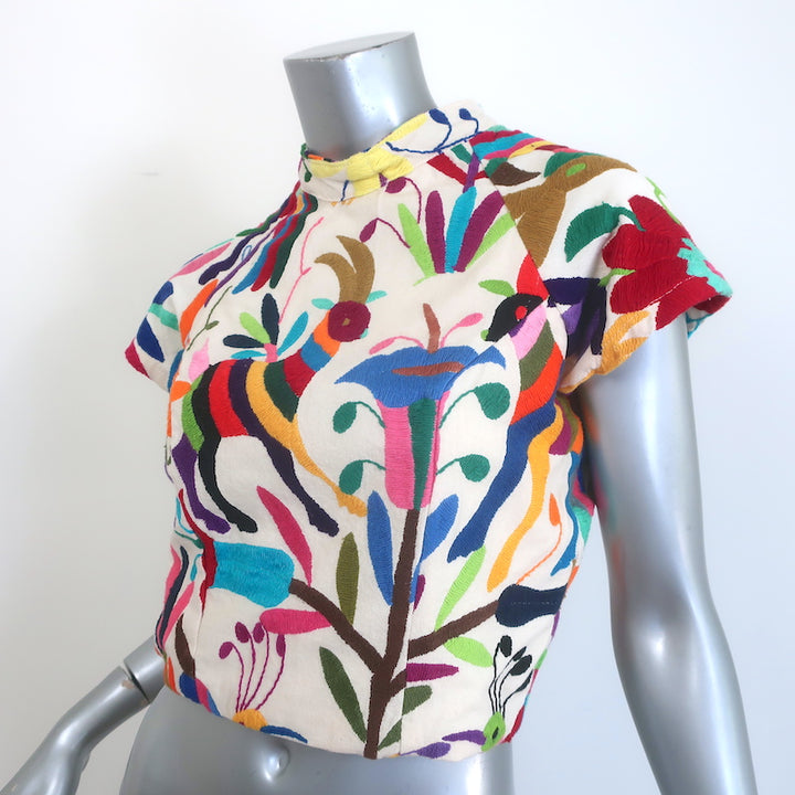 Draco Embroidered Open-Back Cropped Top Cream/Multicolor Size Medium