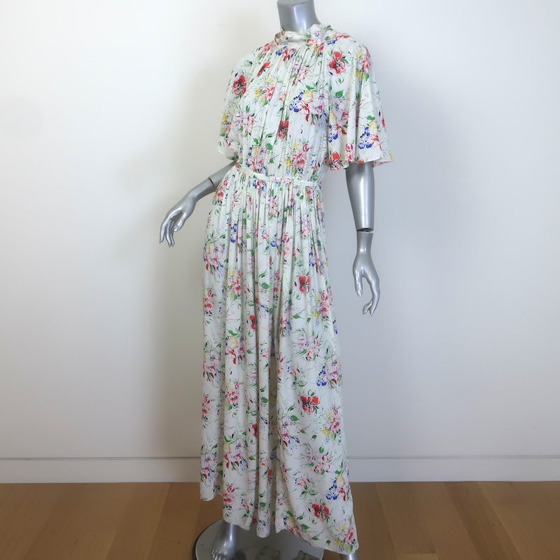 Rosetta Getty Tie-Back Floral Print Maxi Dress White Silk Crepe de Chine Size 6
