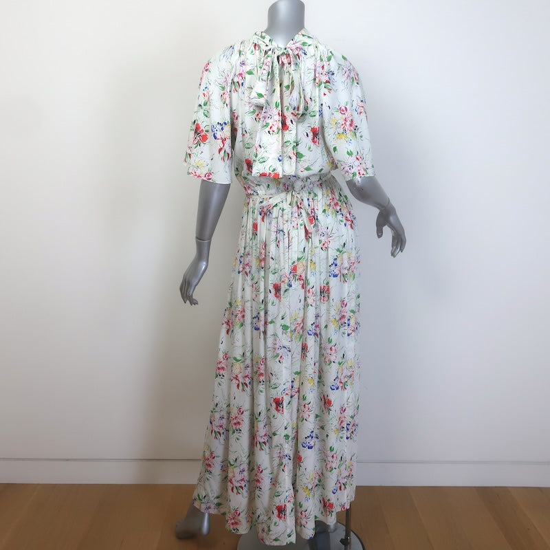 Rosetta Getty Tie-Back Floral Print Maxi Dress White Silk Crepe de Chine Size 6
