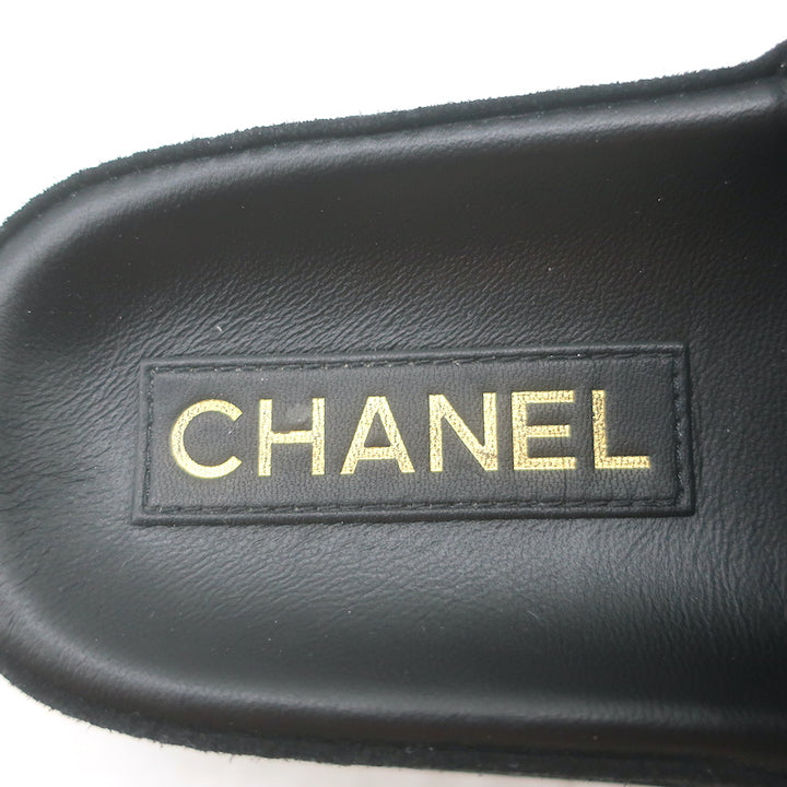 Chanel 2022 Jeweled CC Quilted Flat Mules Black Suede Size 38