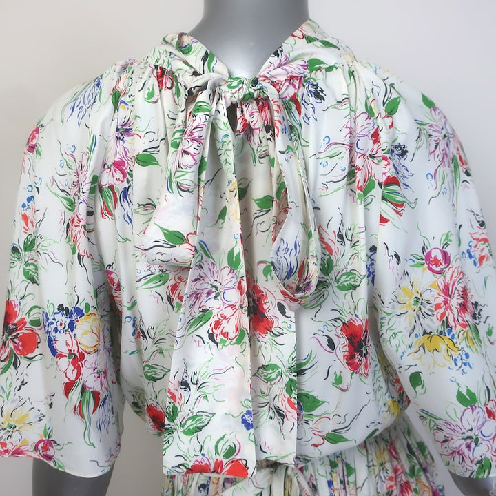 Rosetta Getty Tie-Back Floral Print Maxi Dress White Silk Crepe de Chine Size 6