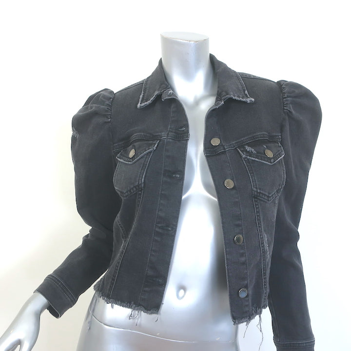 Retrofete Ada Puff Sleeve Denim Jacket Faded Black Stretch Cotton Size Medium