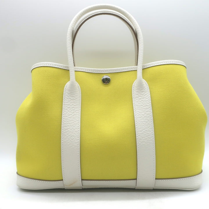 Hermes Garden Party 30 Tote Bag Yellow Toile &amp; White Negonda Leather