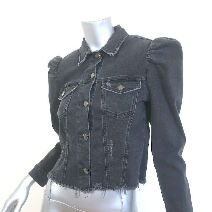 Retrofete Ada Puff Sleeve Denim Jacket Faded Black Stretch Cotton Size Medium