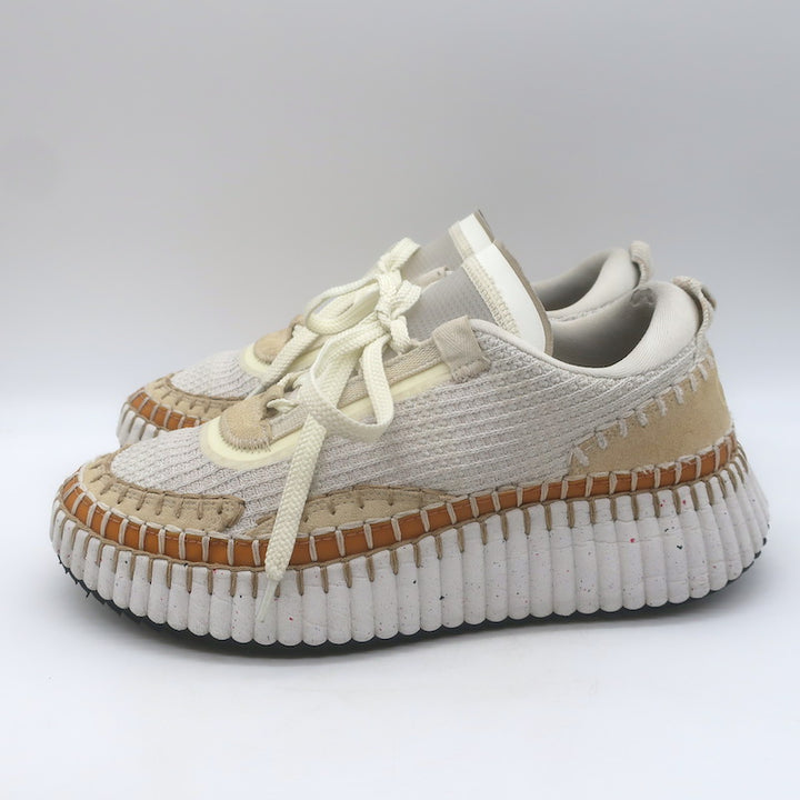 Chloe Nama Mesh Speckled-Platform Sneakers Cream Size 39