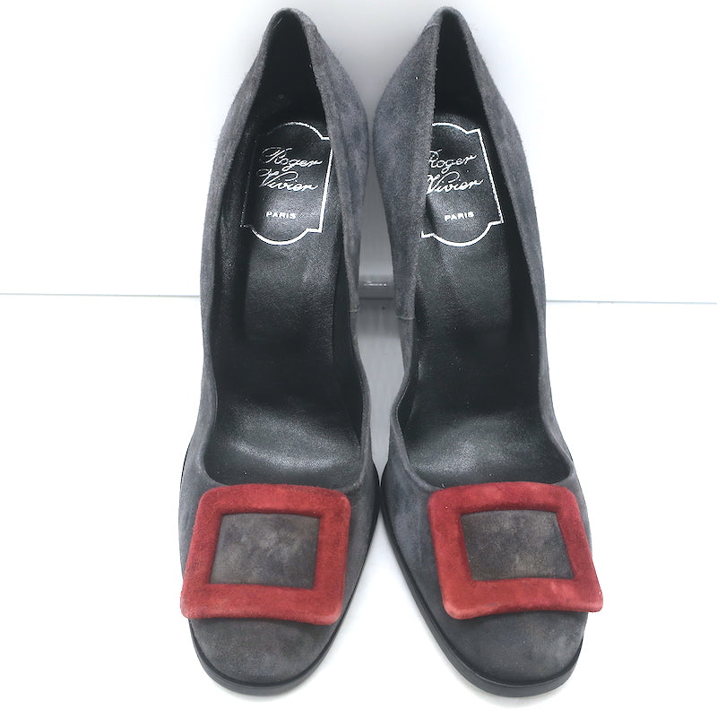Roger Vivier Tricolor Buckle Pumps Gray/Red/Purple Suede Size 38