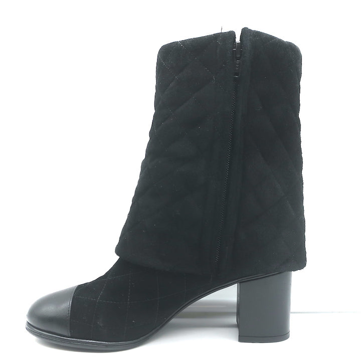 Chanel 17B Clover &amp; Heart Quilted Fold-Over Boots Black Suede Size 35.5