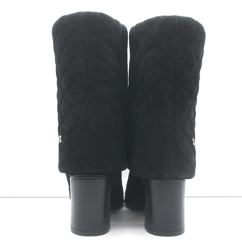 Chanel 17B Clover &amp; Heart Quilted Fold-Over Boots Black Suede Size 35.5