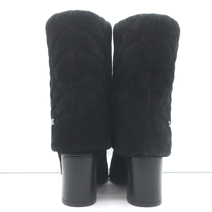 Chanel 17B Clover &amp; Heart Quilted Fold-Over Boots Black Suede Size 35.5