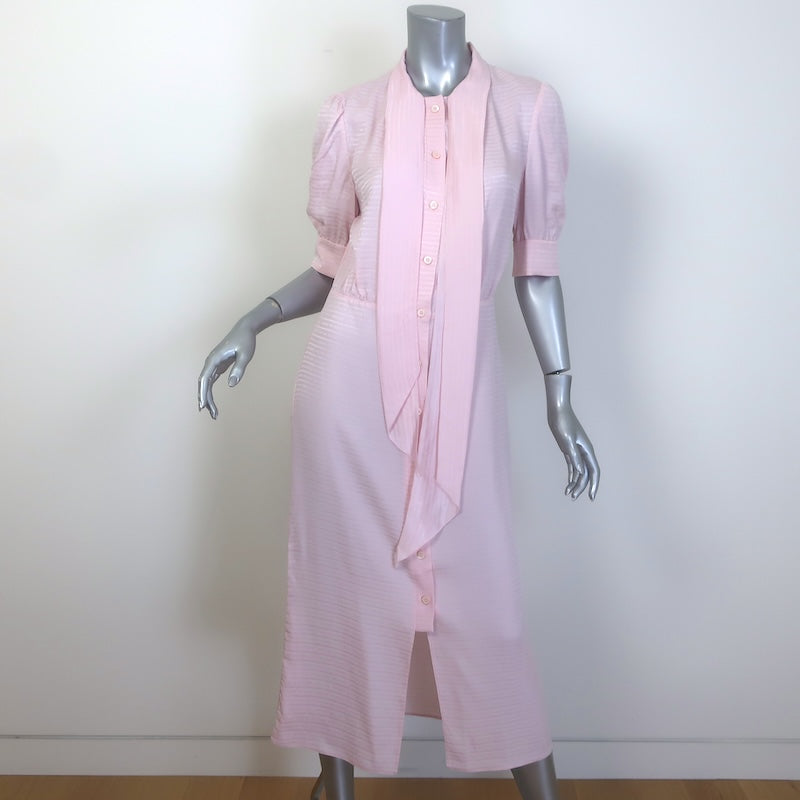 Prada Logo Jacquard Puff Sleeve Tie-Neck Midi Dress Light Pink Silk Size 40