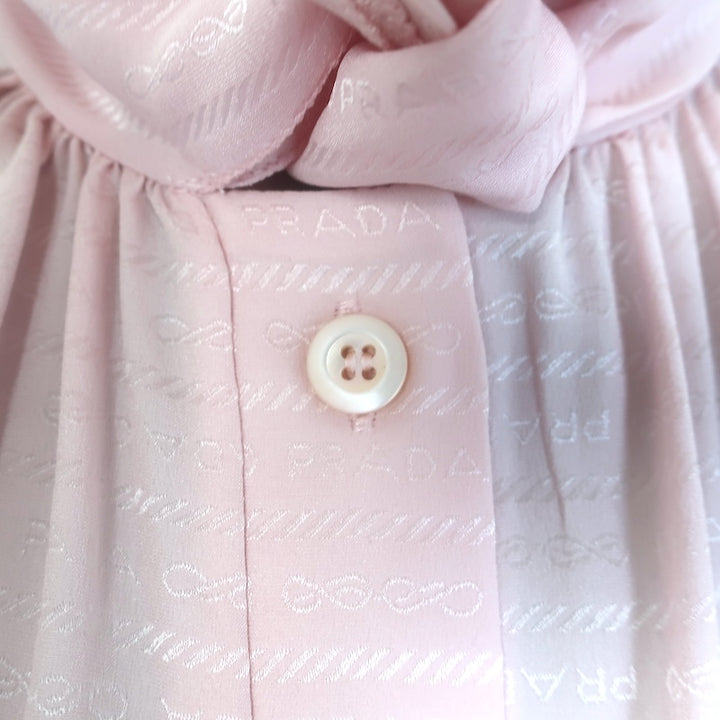 Prada Logo Jacquard Puff Sleeve Tie-Neck Midi Dress Light Pink Silk Size 40