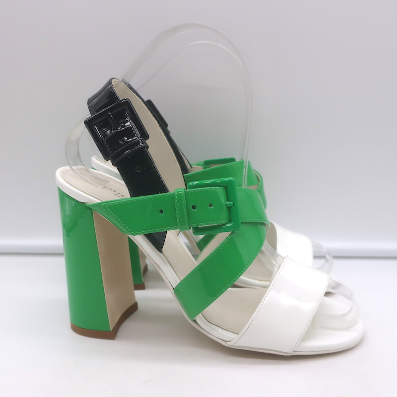 Bottega Veneta Colorblock Slingback Sandals Green &amp; White Patent Leather Size 35