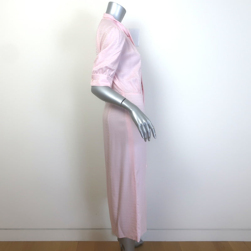 Prada Logo Jacquard Puff Sleeve Tie-Neck Midi Dress Light Pink Silk Size 40