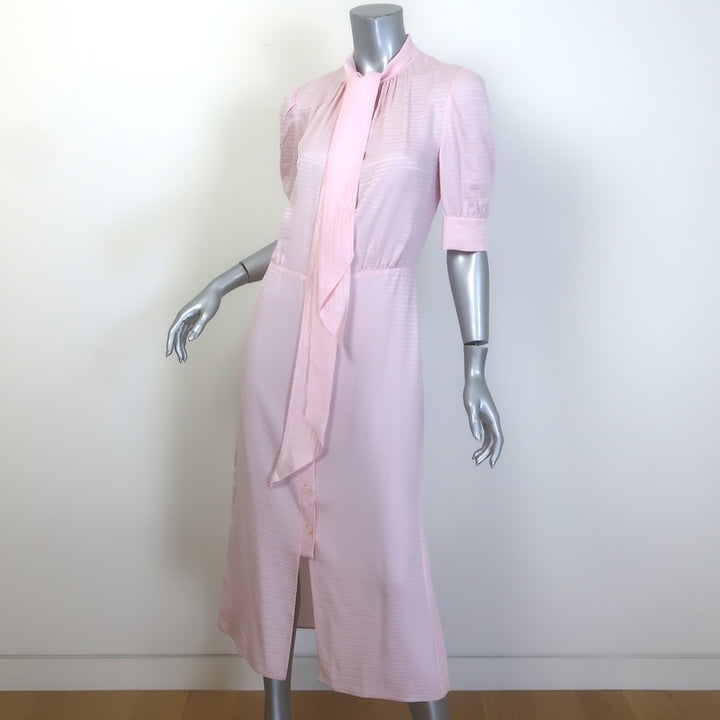 Prada Logo Jacquard Puff Sleeve Tie-Neck Midi Dress Light Pink Silk Size 40