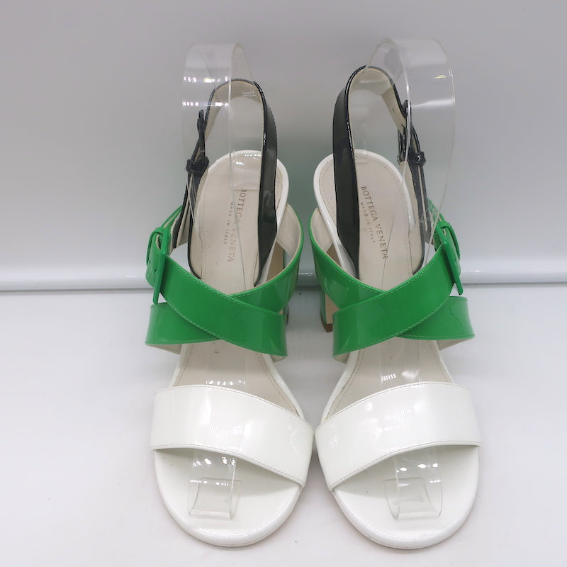 Bottega Veneta Colorblock Slingback Sandals Green &amp; White Patent Leather Size 35