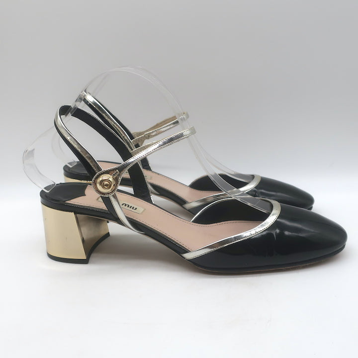 Miu Miu Metal-Heel Bicolor Slingback Pumps Black Patent &amp; Gold Leather Size 39