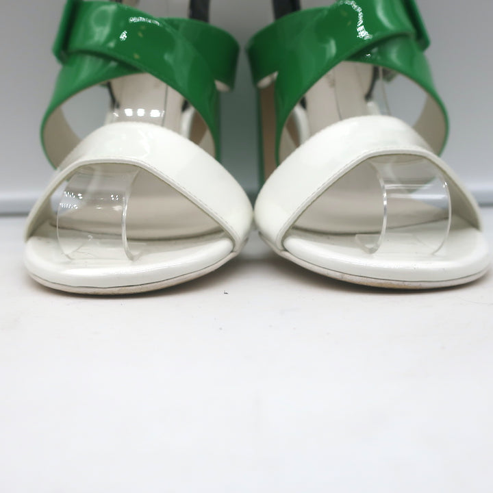 Bottega Veneta Colorblock Slingback Sandals Green &amp; White Patent Leather Size 35