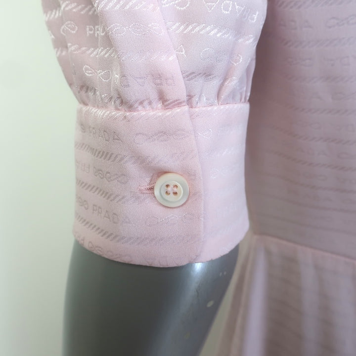 Prada Logo Jacquard Puff Sleeve Tie-Neck Midi Dress Light Pink Silk Size 40