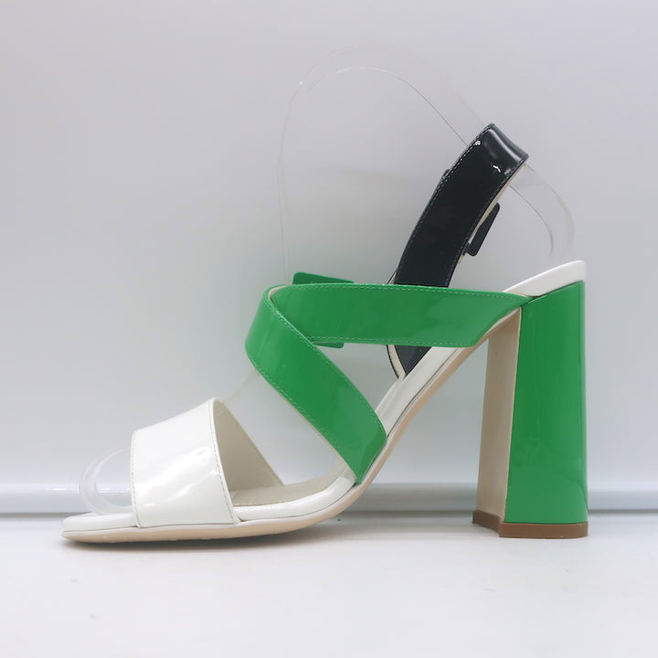 Bottega Veneta Colorblock Slingback Sandals Green &amp; White Patent Leather Size 35