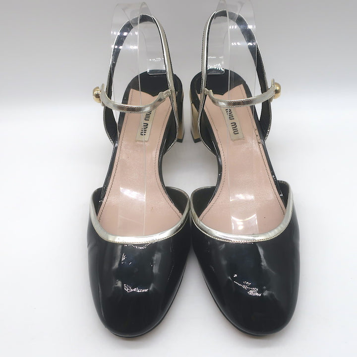 Miu Miu Metal-Heel Bicolor Slingback Pumps Black Patent &amp; Gold Leather Size 39