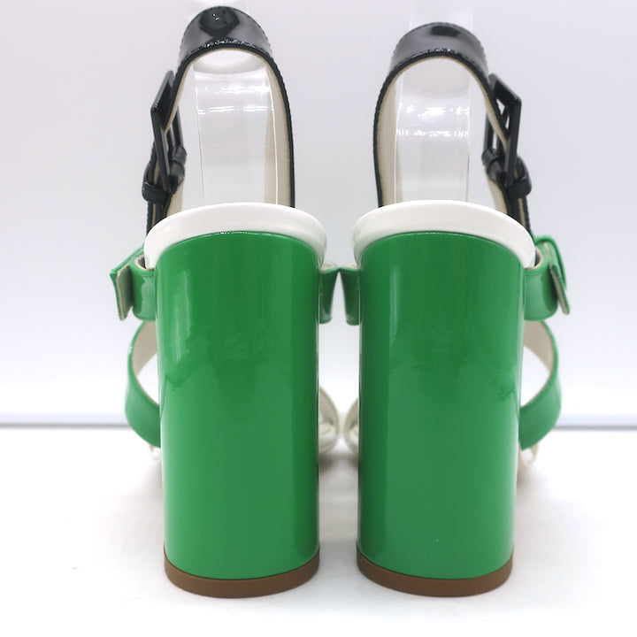 Bottega Veneta Colorblock Slingback Sandals Green &amp; White Patent Leather Size 35