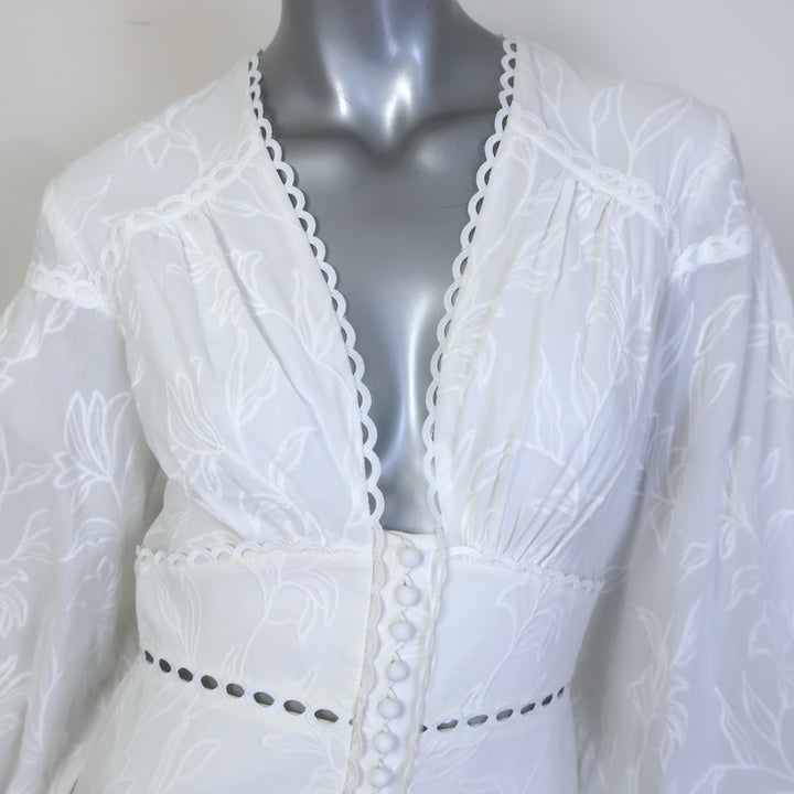 Acler Blouson-Sleeve Embroidered Maxi Dress White Cotton Size US 4 NEW