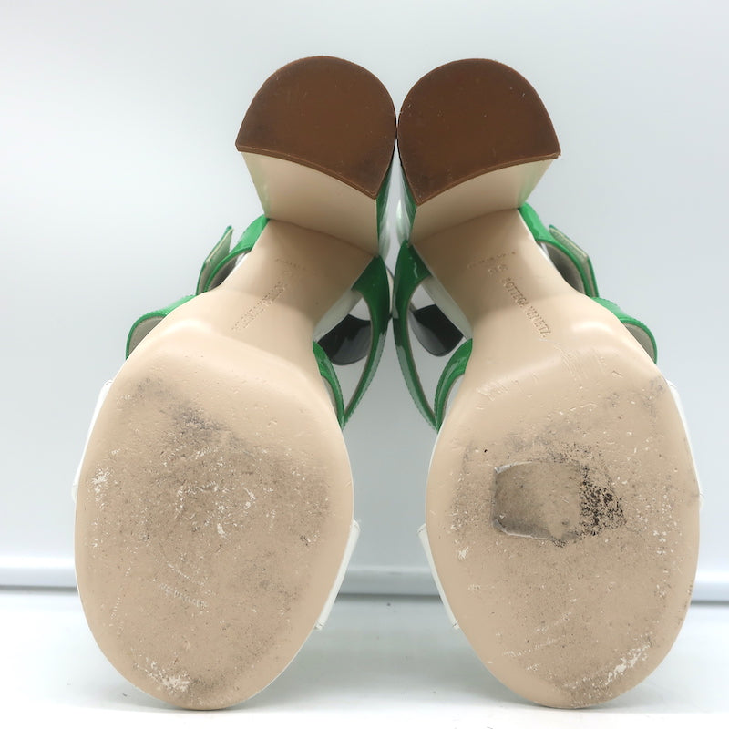 Bottega Veneta Colorblock Slingback Sandals Green &amp; White Patent Leather Size 35